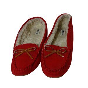 Old Navy Sherpa Lined Moccasins Slippers Women Size 8 Red Faux Suede With Bow